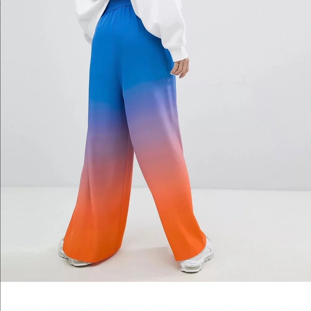 Asos Weekday Women's Blue & Orange design draw string wide legs Pants Size 36 - Picture 3 of 15